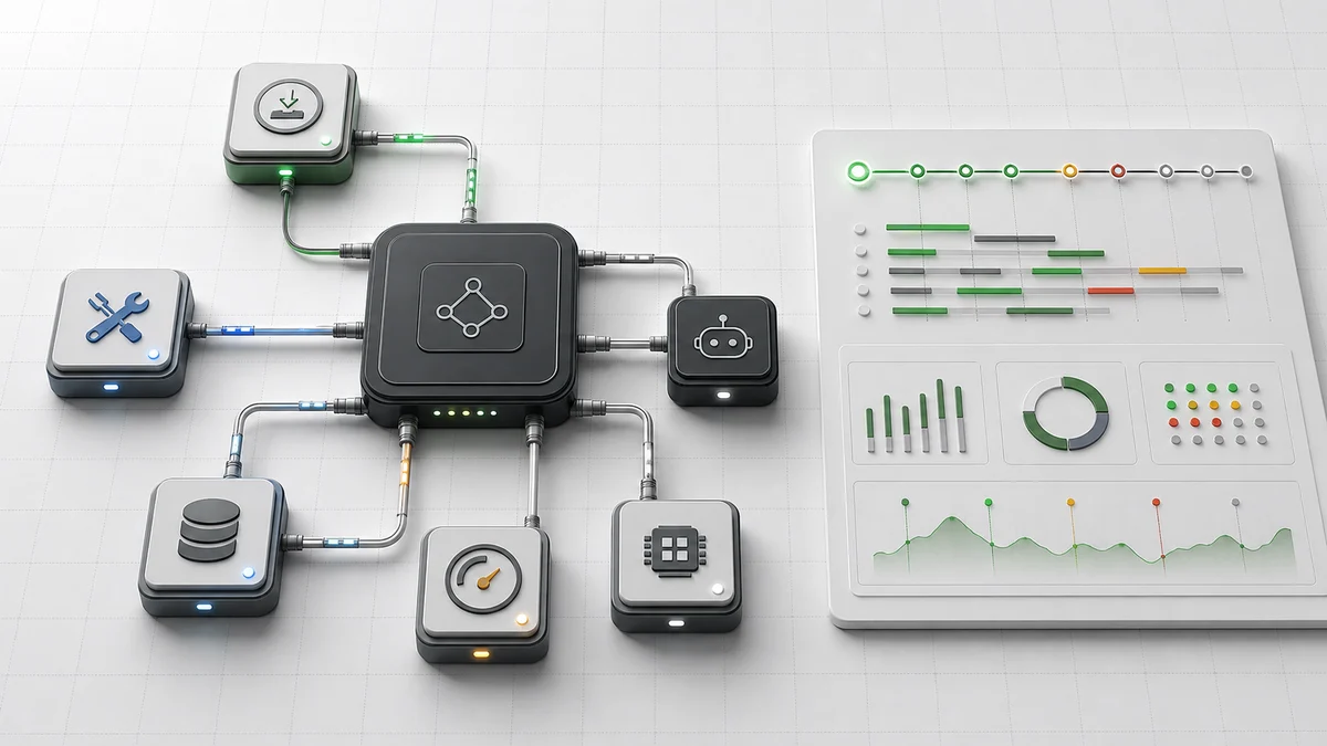 A visible AI agent flow connected to tools, memory, budgets, models, and an operational dashboard