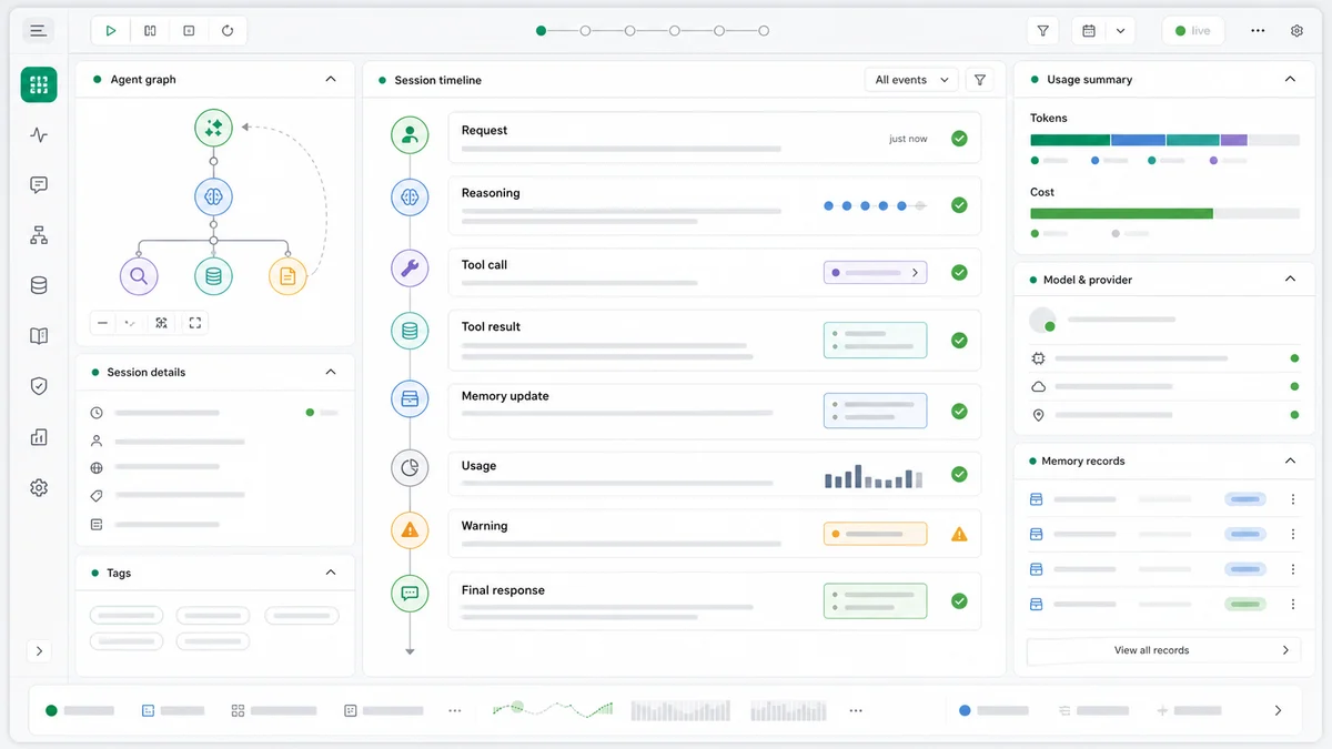 A conceptual AI Agent Studio session view with an agent graph, event timeline, usage, model status, and memory records