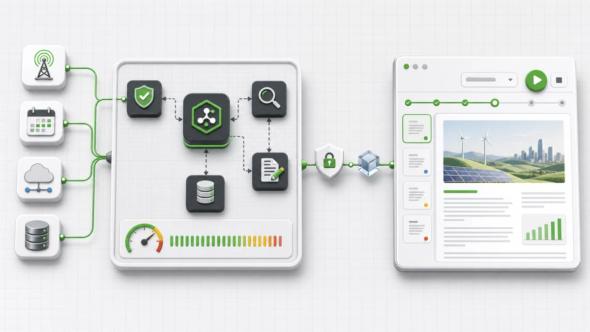 A conceptual Smartunit system connecting operational inputs and an agent flow to a protected user-facing application