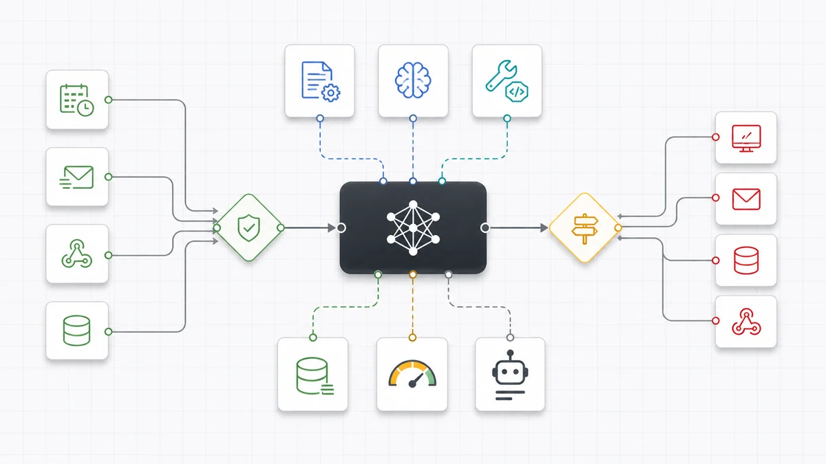 A conceptual agent flow with event inputs, deterministic validation, an AI agent, connected tools, memory, budget, and controlled outputs